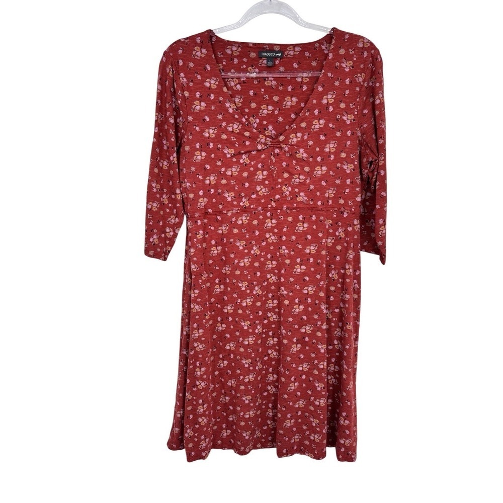 Toad&Co Dress Women Large Orange Floral Print Tencel Organic Cotton Zip Pocke - Picture 2 of 16
